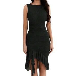Shein Black Mesh Ruched Bodycon Ruffle Dress Size XL